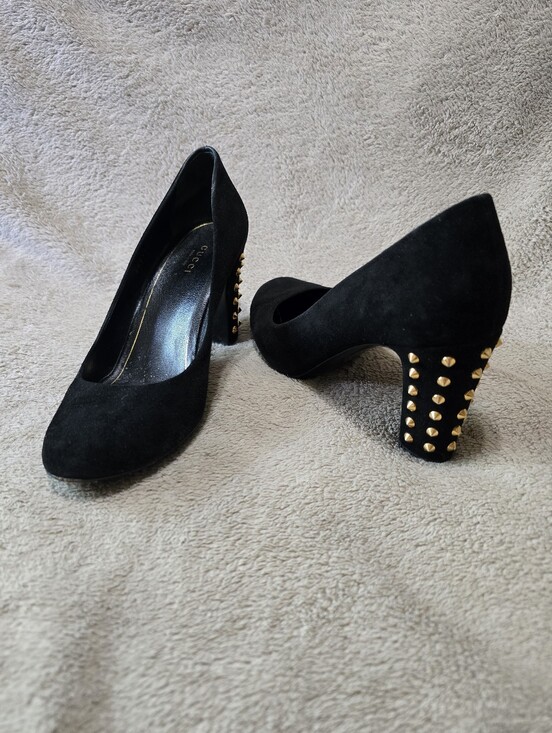 Gucci Shoes - Gucci Jacquelyne Black Suede Gold Studded Block Heel Round Toe Pumps Size 39